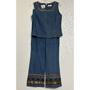 Karin Stevens Vintage Blue Denim‎ 2 Pc Tank & Pants Elastic Waist Floral Trim 8